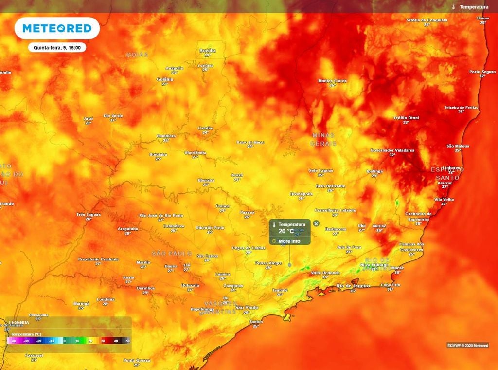 Previsão de temperatura máxima do ar (em °C) para a quinta-feira (9) à tarde (15h), segundo o modelo europeu ECMWF.