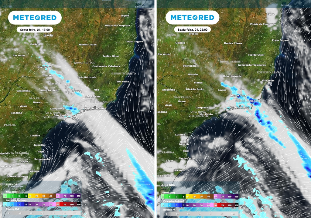 Previsão de precipitação (em mm) e nebulosidade para sexta-feira (21) às 17h à esquerda e às 23h à direita, segundo o modelo europeu ECMWF.