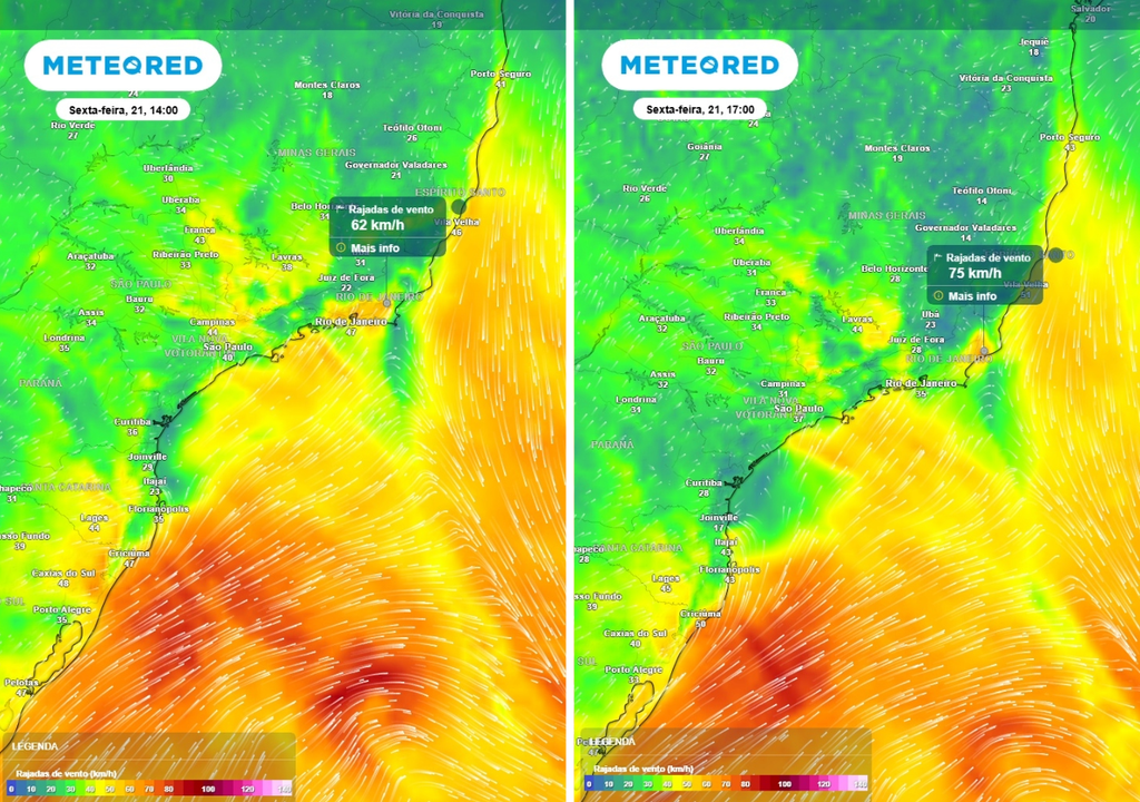 Previsão de rajadas de vento (km/h) para a sexta-feira (21) às 14h à esquerda e às 17h à direita, segundo o modelo europeu ECMWF.