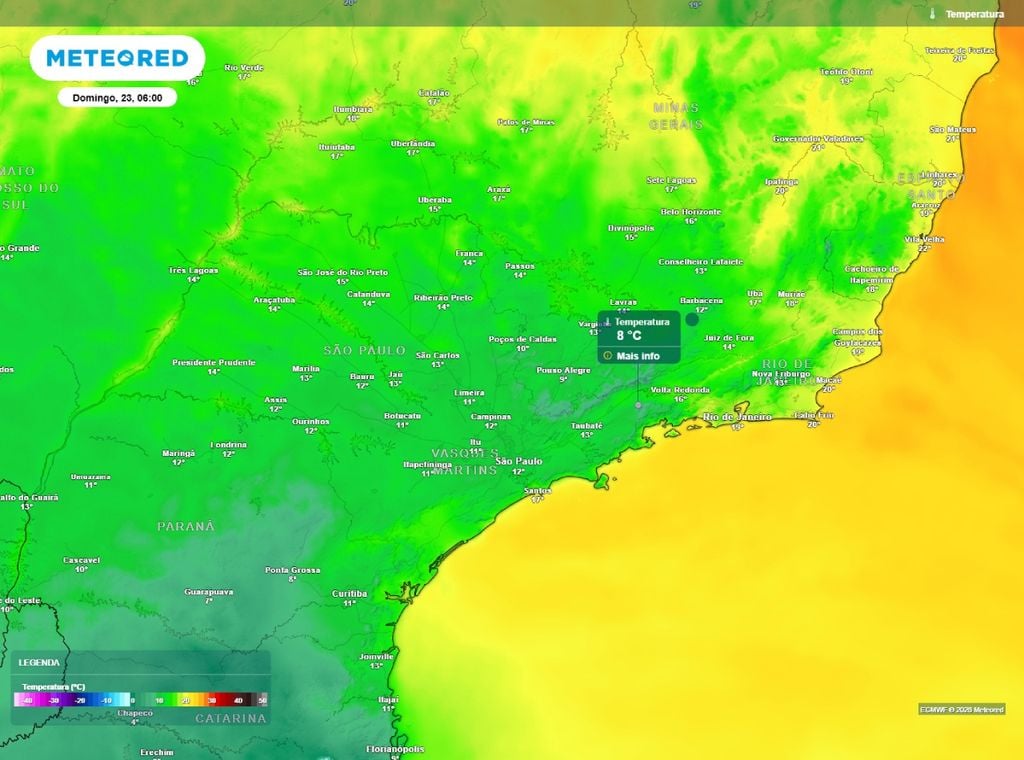 Previsão da temperatura mínima do ar (°C) para o domingo (23).