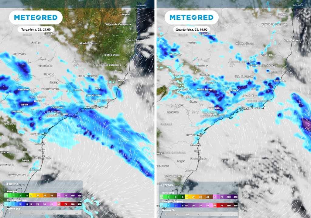 Previsão de chuvas (mm) e nebulosidade para terça-feira (22) às 21h à esquerda e para quarta-feira (23) às 14h à direita, segundo o modelo eruoepue ECMWF.