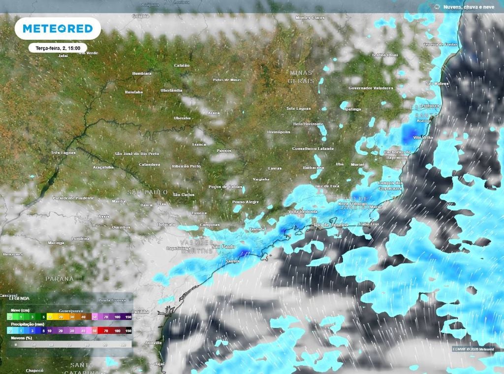 Previsão de precipitação (em mm) e nebulosidade para terça-feira (2) à tarde (15h), segundo o modelo europeu ECMWF.