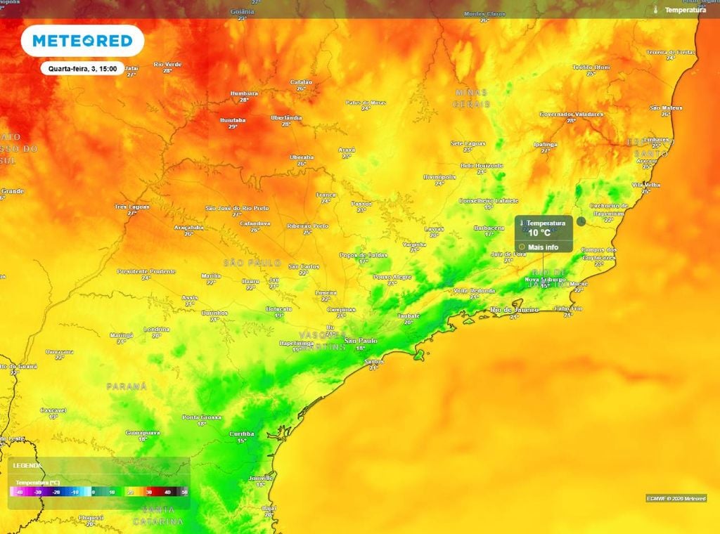 Previsão da temperatura máxima do ar (em °C) para a tarde de quarta-feira (3), segundo o modelo europeu ECMWF.