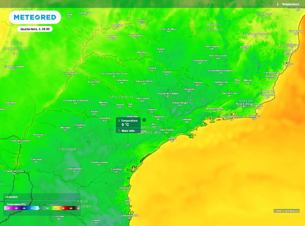 Previsão da temperatura mínima do ar (em °C) para a manhã de quarta-feira (3), segundo o modelo europeu ECMWF.