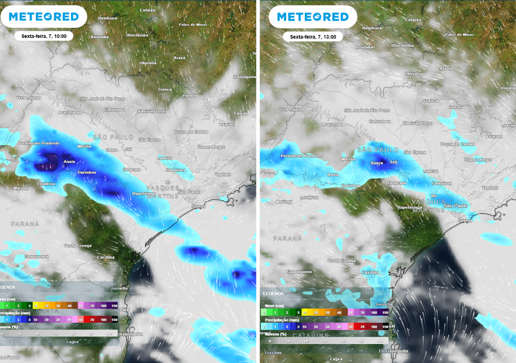 Previsão de precipitação (em mm) para a sexta-feira (7) de manhã (10h) à esquerda e à tarde (13h) à direita, segundo o modelo europeu ECMWF.