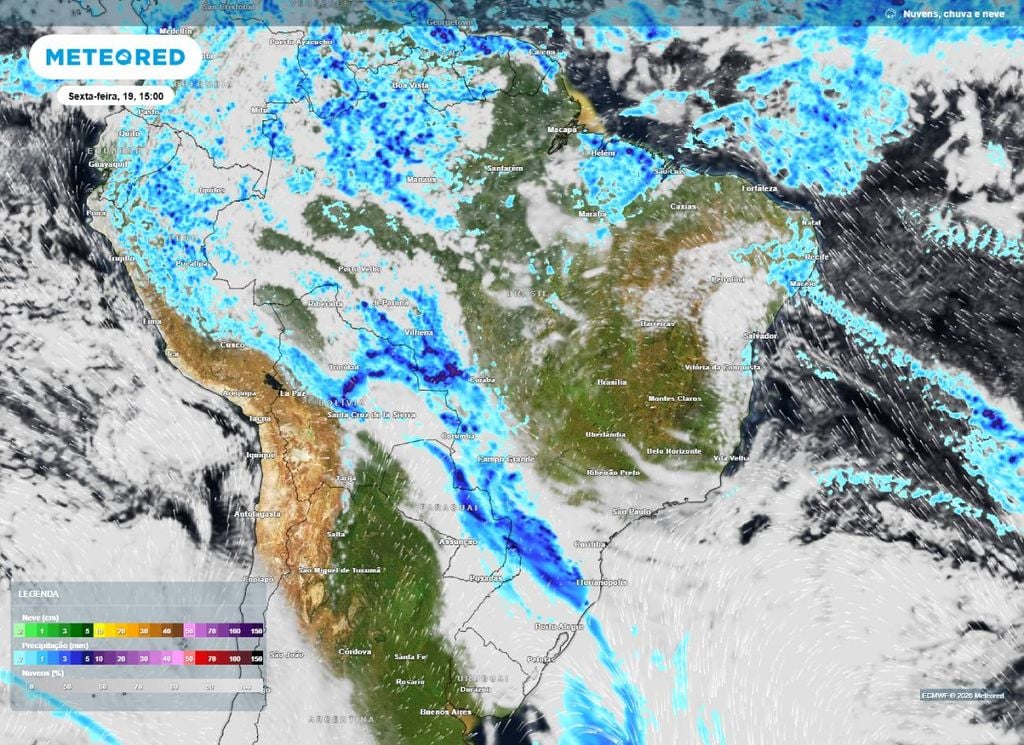 Precipitação e nebulosidade prevista Chuva e presença de nuvens marcam a tarde desta sexta-feira (19). Há previsão de chuvas intensas sobre áreas da Região Sul, Centro-Oeste e Norte.
