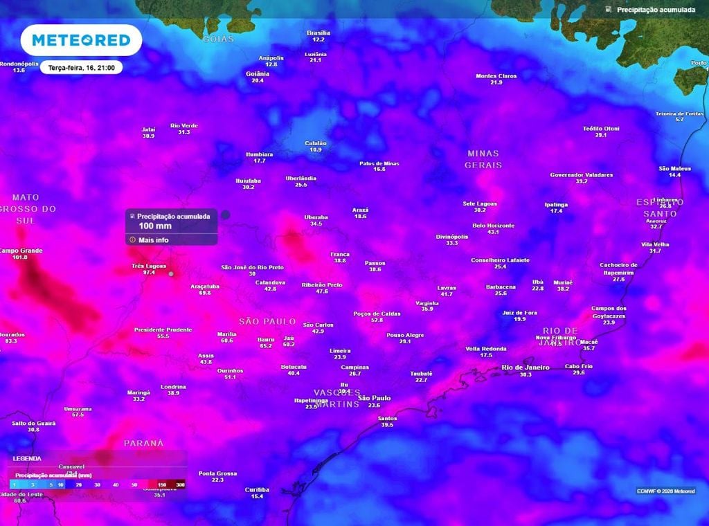 Previsão do acumulado de precipitação (em mm) para 5 dias, de hoje (11) até a noite (21h) de terça-feira (16), segundo o modelo europeu ECMWF.