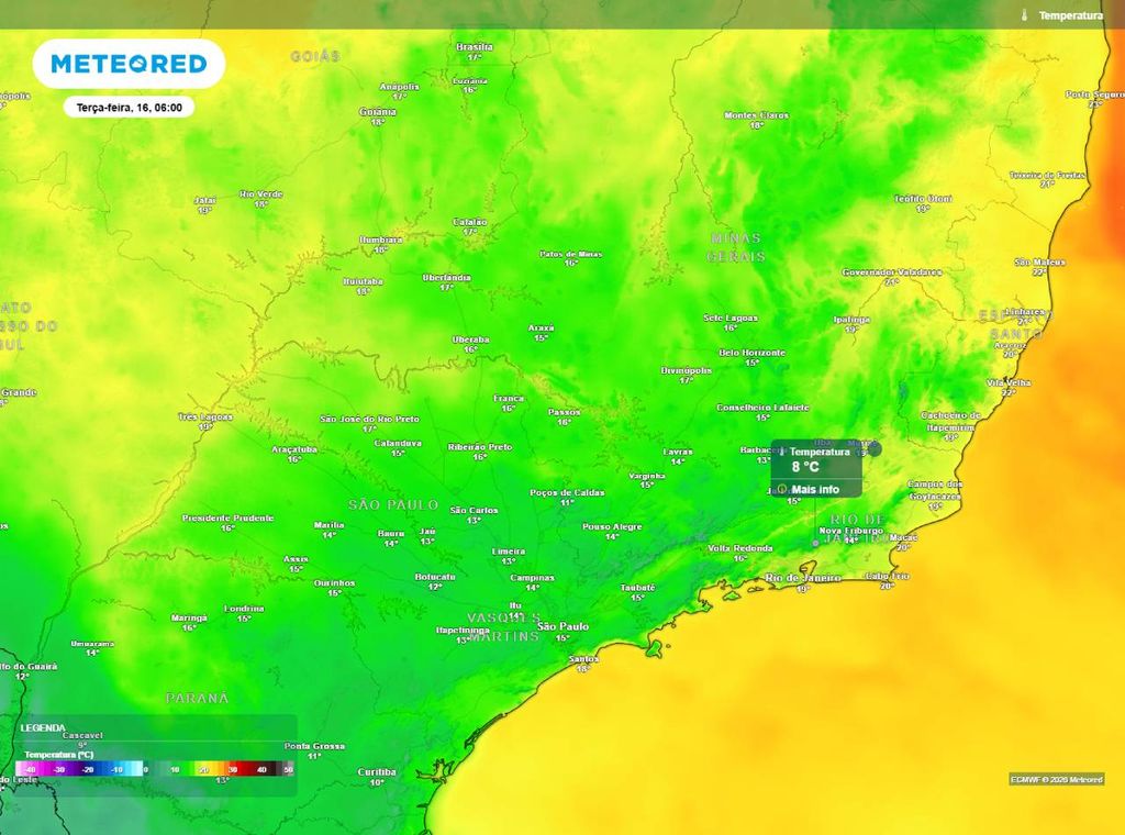 Previsão de temperatura mínima do ar (em °C) para a manhã de terça-feira (16), segundo o modelo europeu ECMWF.