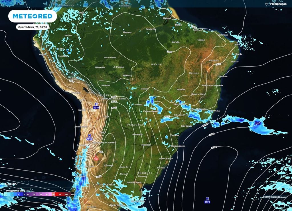 chuva Previsão de chuva e pressão para a tarde da quarta-feira, 26 de agosto.