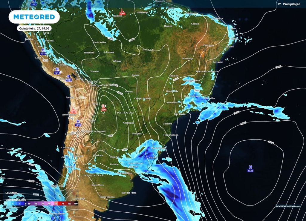 frente fria Previsão de chuva e pressão para a tarde da quinta-feira, 27 de agosto. Região de cavado sobre o Sudeste e frente fria no Sul em destaque.
