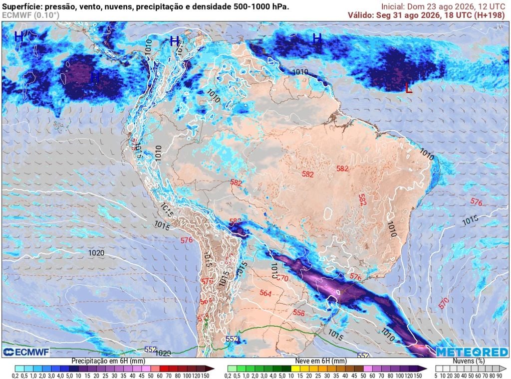 frente fria Previsão de chuva para a segunda-feira, 31 de agosto. Frente fria consegue avançar e mudar o tempo na porção norte da Região Sul e nos estados do MS e de SP.
