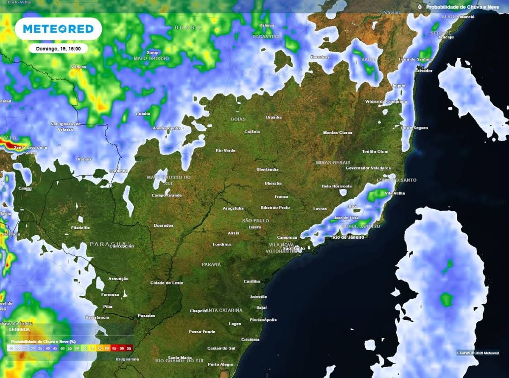 Previsão da probabilidade de precipitação (%) para domingo (19) à tarde (15h), segundo o modelo europeu ECMWF.