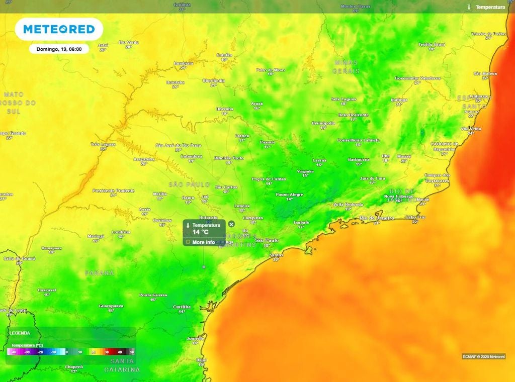 Previsão da temperatura mínima (em ºC) para domingo (19), segundo o modelo europeu ECMWF.