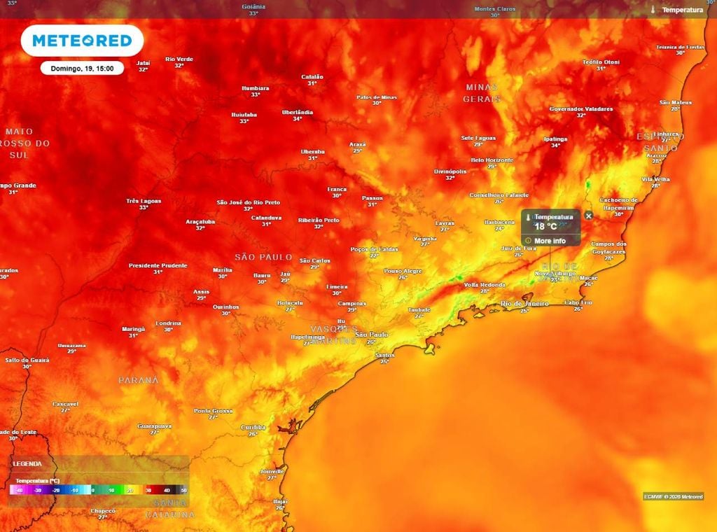 Previsão da temperatura máxima (em ºC) para domingo (19), segundo o modelo europeu ECMWF.