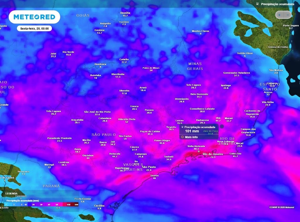 Previsão do acumulado de precipitação (mm) até o final da quinta-feira (24), segundo o modelo europeu ECMWF.
