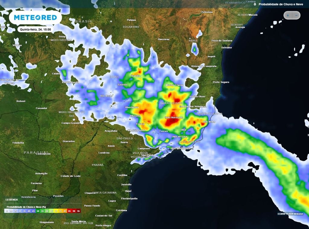 Previsão da probabilidade de precipitação (%) para quinta-feira (24) às 15h, segundo o modelo europeu ECMWF.