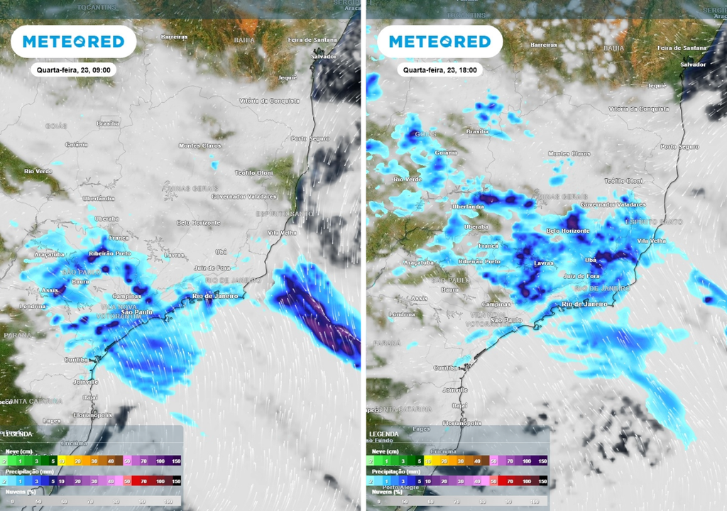 Previsão de chuva (mm) para quarta-feira (23) às 9h à esquerda e para as 18h à direita, segundo o modelo europeu ECMWF.