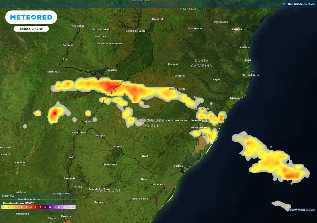 Previsão de tempestades neste sábado (3), de acordo com o ECMWF.