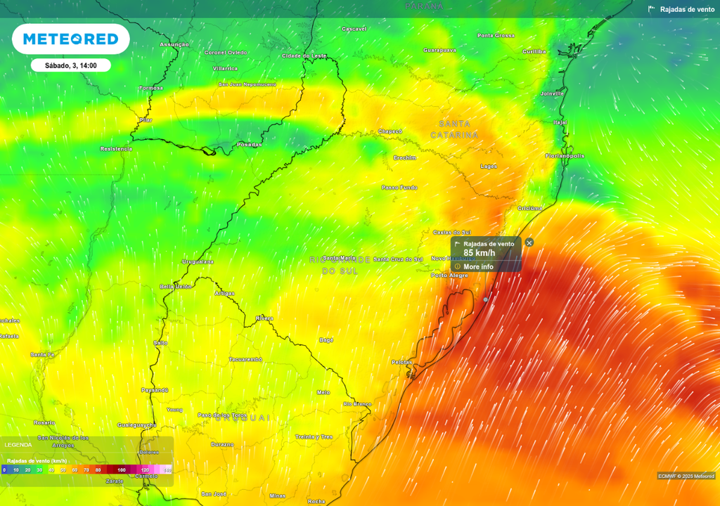 Previsão de rajadas intensas de vento neste sábado (3), de acordo com o ECMWF.