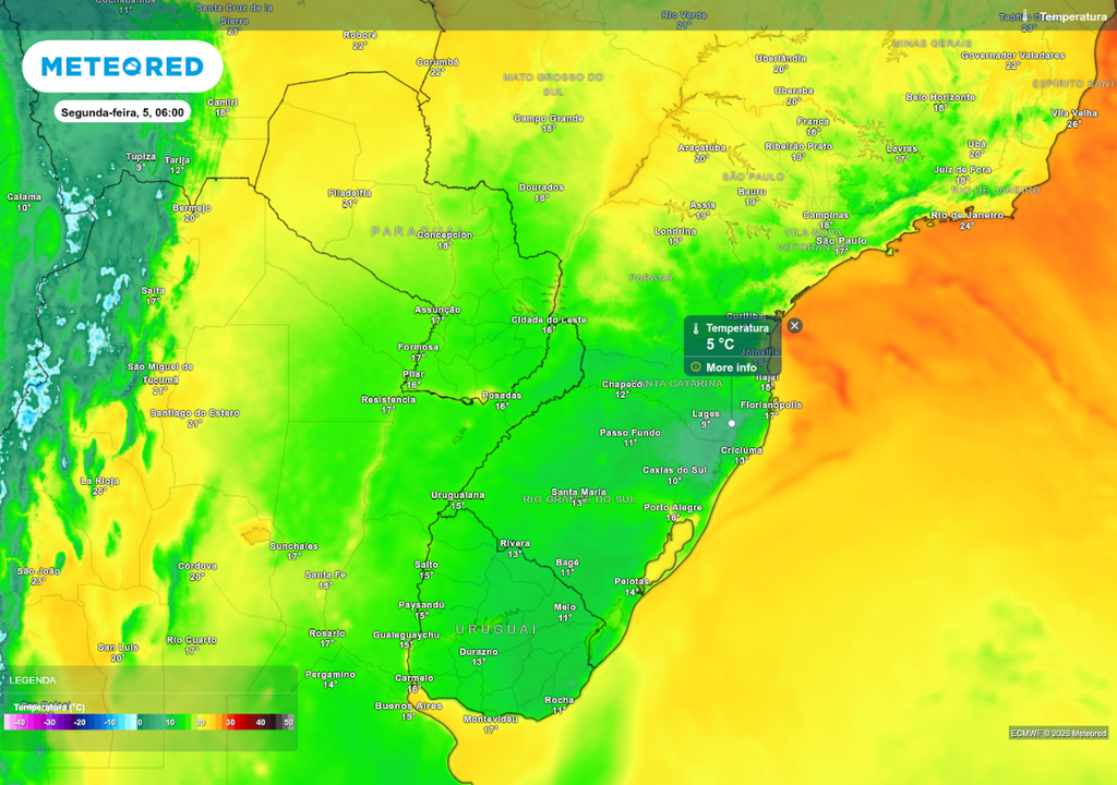 Previsão de anomalia de temperatura máxima nesta segunda-feira (5), de acordo com o ECMWF.