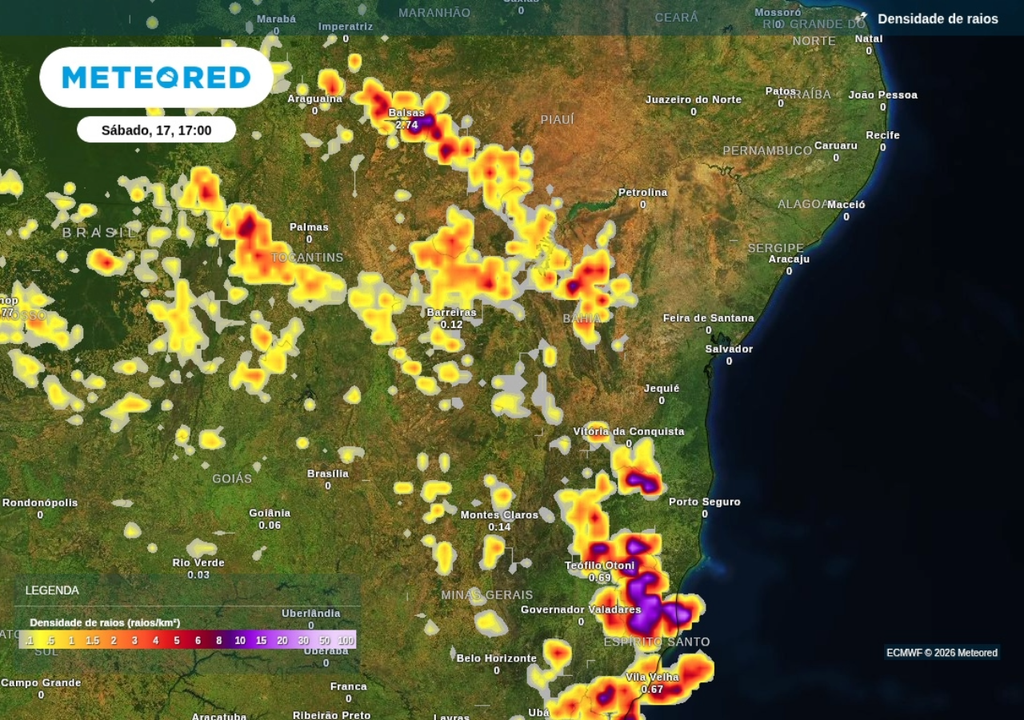 Previsão de tempestades para sábado (17), segundo o ECMWF. Previsão de tempestades para sábado (17), segundo o ECMWF.