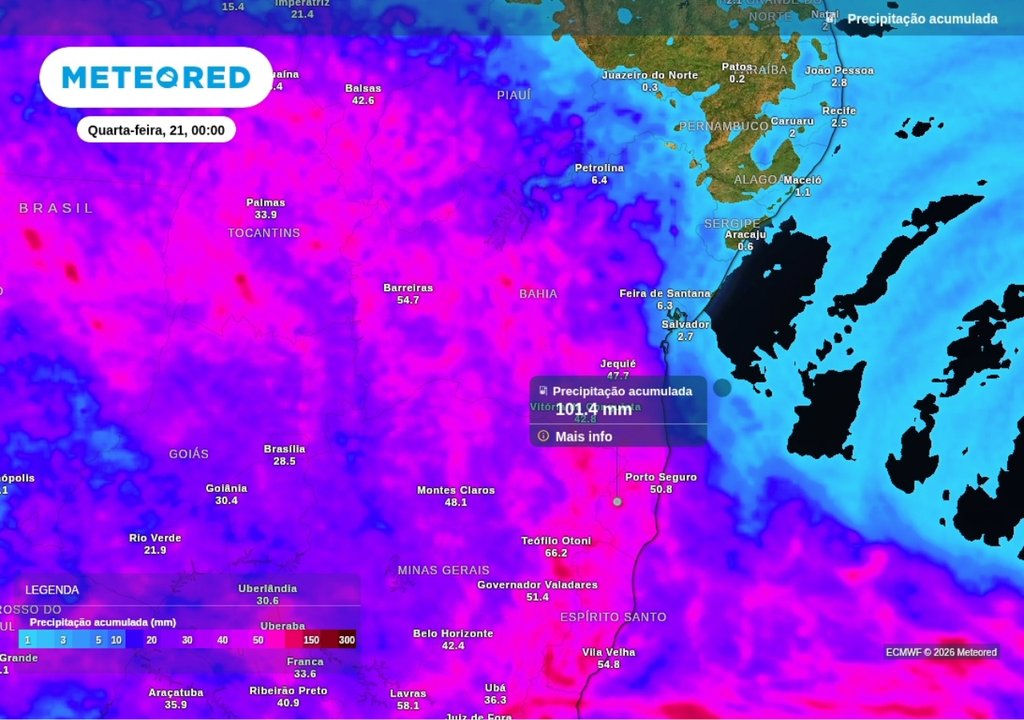 Previsão de chuva acumulada até o final de terça-feira (20), segundo o ECMWF. Previsão de chuva acumulada até o final de terça-feira (20), segundo o ECMWF.