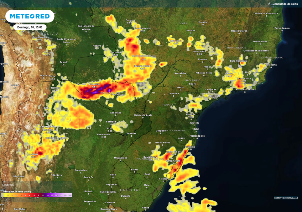 Previsão de tempestades no domingo (16), de acordo com o ECMWF.