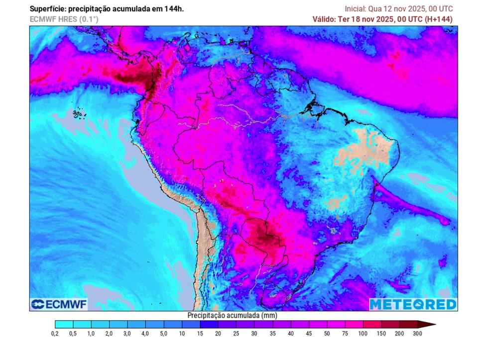 Previsão de chuva acumulada até o final da segunda-feira (17), de acordo com o ECMWF.