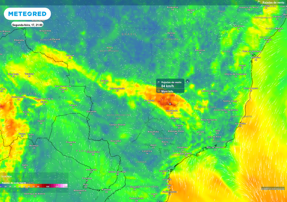 Previsão de rajadas de vento na segunda-feira (17), de acordo com o ECMWF.