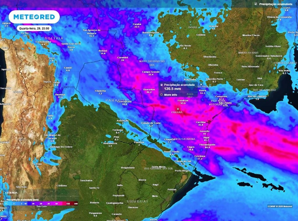 Previsão do acumulado de precipitação (em mm) entre hoje (27) e a quarta-feira (29) à noite (23h), segundo o modelo europeu ECMWF.