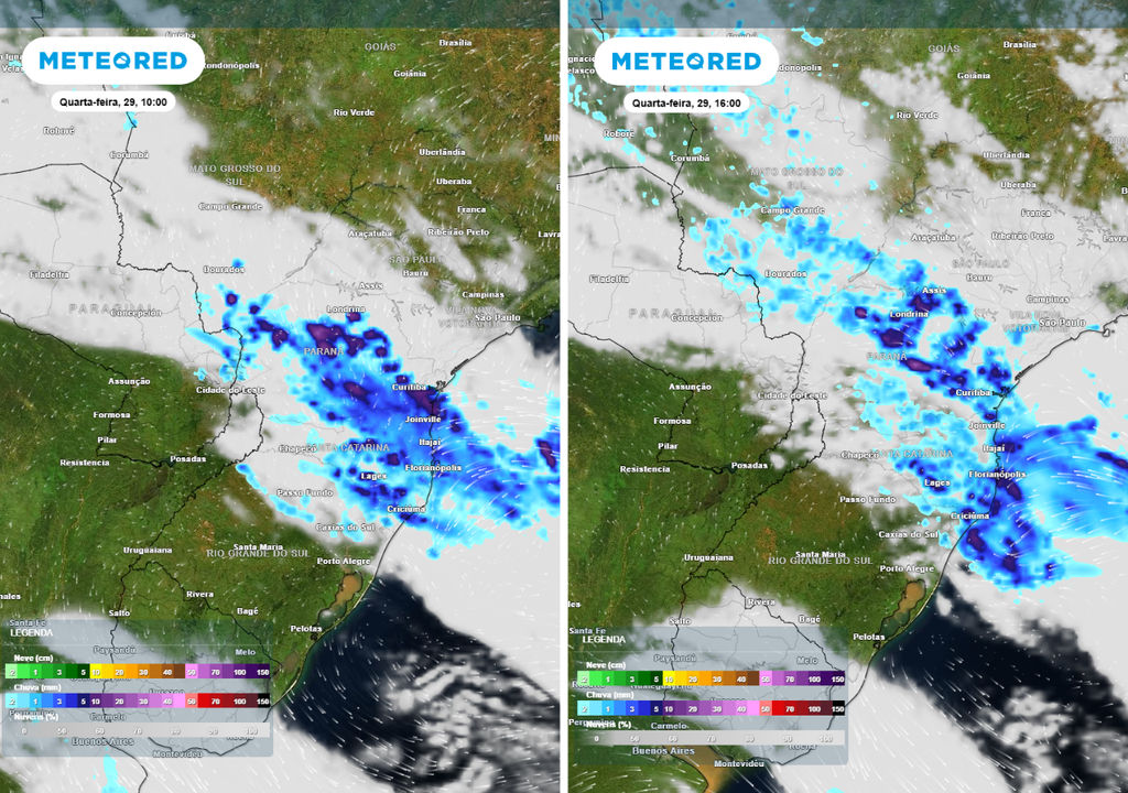 Previsão de precipitação (em mm) e nebulosidade para quarta-feira (29) de manhã (à esquerda) e à tarde (à direita), segundo o modelo europeu ECMWF.