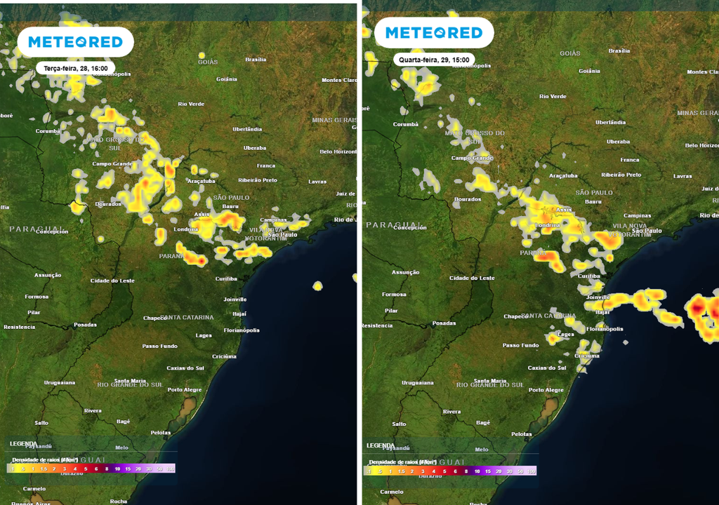 Previsão de densidade de raios para a tarde de terça-feira (28) (à esquerda) e de quarta-feira (29) (à direita), segundo o modelo europeu ECMWF, mostrando as áreas com chance de ocorrência de temporais.