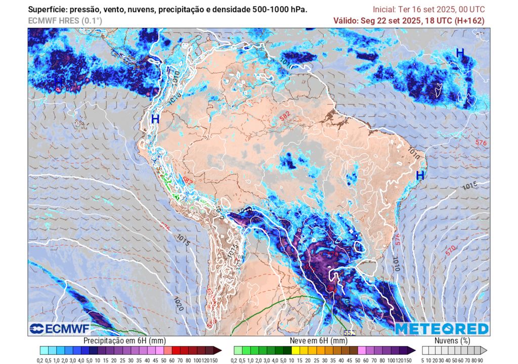 Previsão de pressão, ventos e chuvas na próxima segunda-feira durante a tarde.