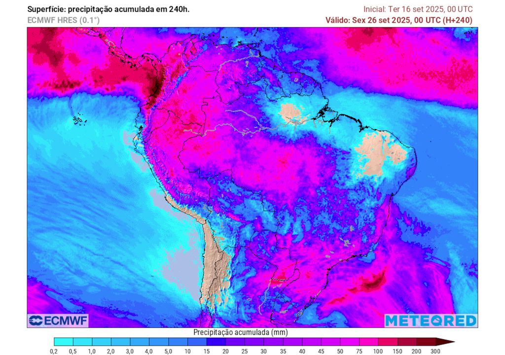Previsão de acumulados totais de chuva até a sexta-feira da semana que vem.