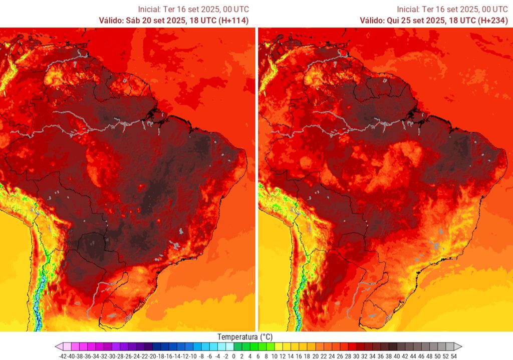 Previsão de temperaturas às 18h no Sábado (esquerda) e na próxima Quinta-feira (direita).