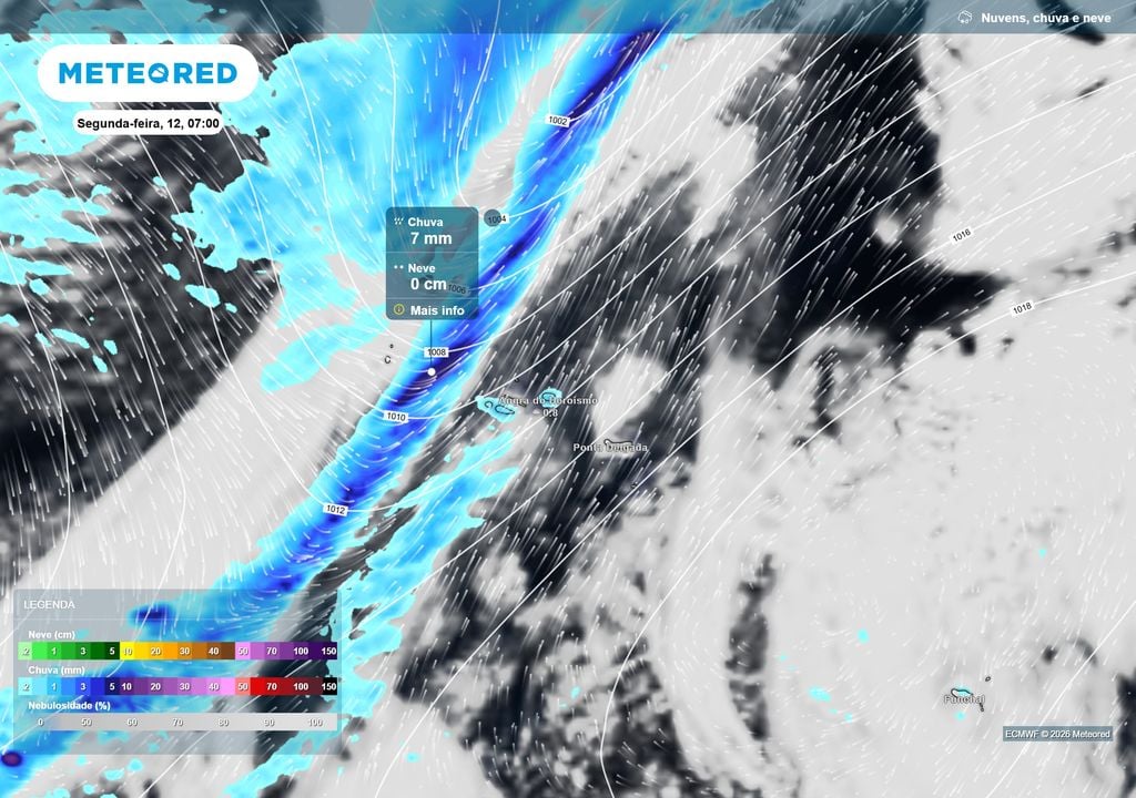 chuva prevista; frente fria Entre domingo e segunda-feira espera-se a chegada de uma frente fria ao arquipélago dos Açores.