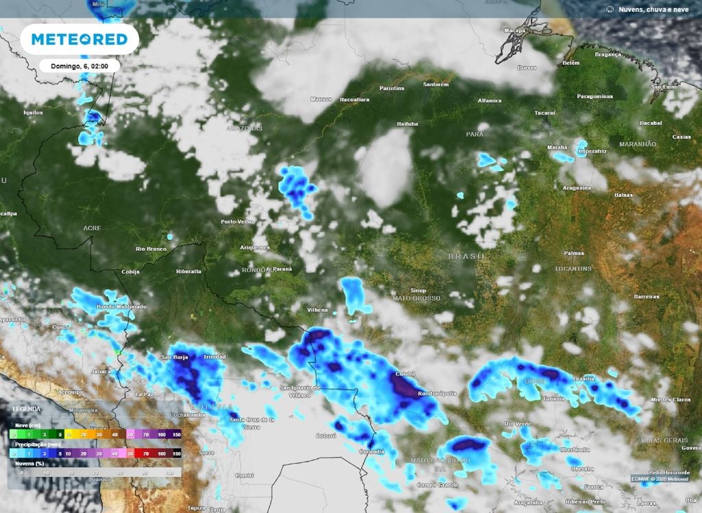 Precipitação domingo madrugada. A previsão mostra os primeirs nucleos intensos de convecção anterior ao surgimento de linhas de instabilidade sobre o Centro-Norte do Brasil durante a madrugada de domingo (6).