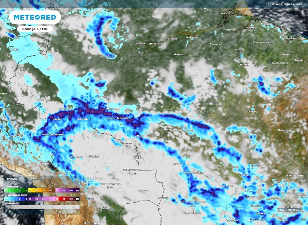 Linha de instabilidade sobre o Centro-Norte do Brasil. Linha de tempestade atua sobre áreas dos estados do Acre, Amazonas, Rondônia e Mato Grosso.
