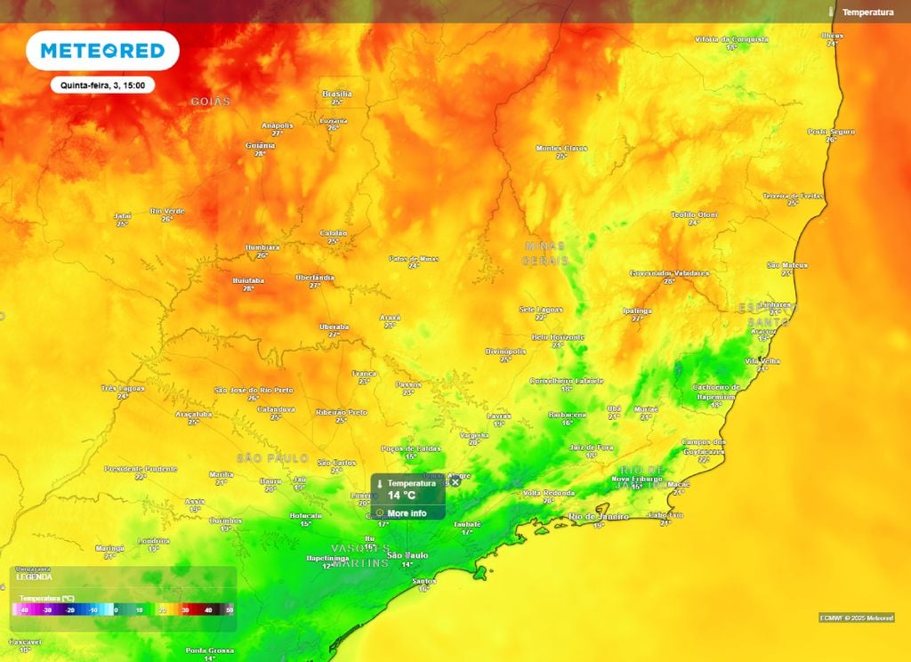 Temperatura máxima prevista para a Região Sudeste na tarde de quinta-feira (3). Temperatura máxima prevista para a Região Sudeste na tarde de quinta-feira (3).