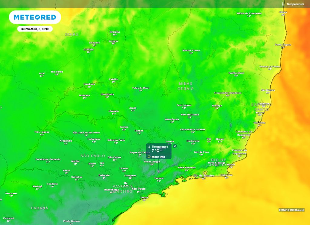 Temperatura mínima prevista para a região Sudeste na manhã de quinta-feira (3). Temperatura mínima prevista para a região Sudeste na manhã de quinta-feira (3).
