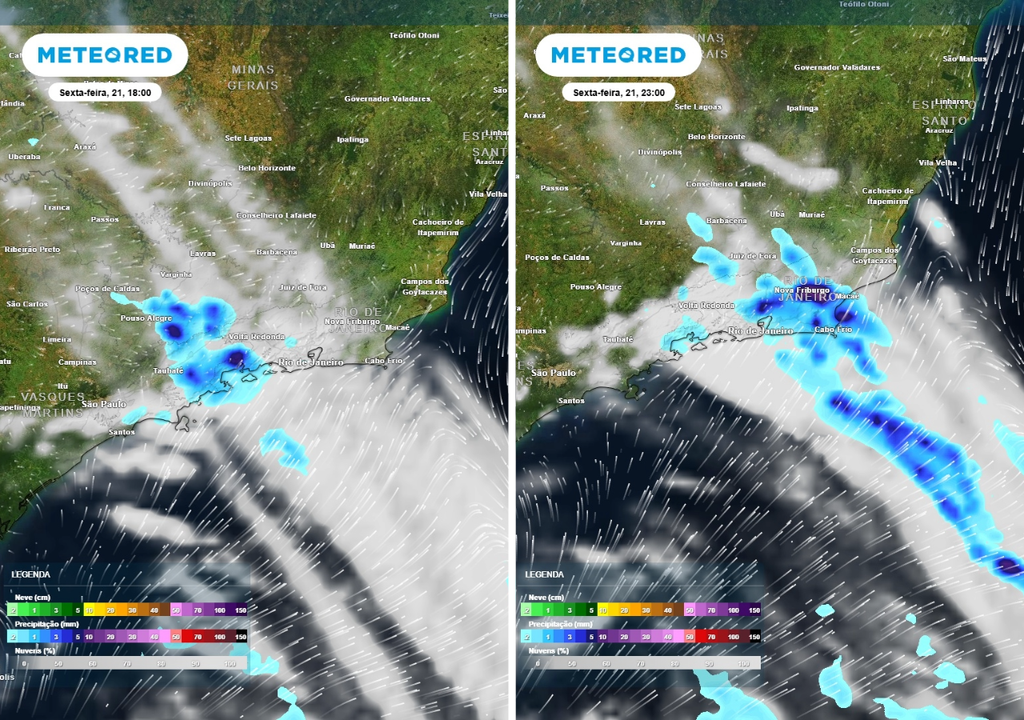 Previsão de precipitação (em mm) e nebulosidade para sexta-feira (21) às 18h à esquerda e às 23h à direita, segundo o modelo europeu ECMWF.
