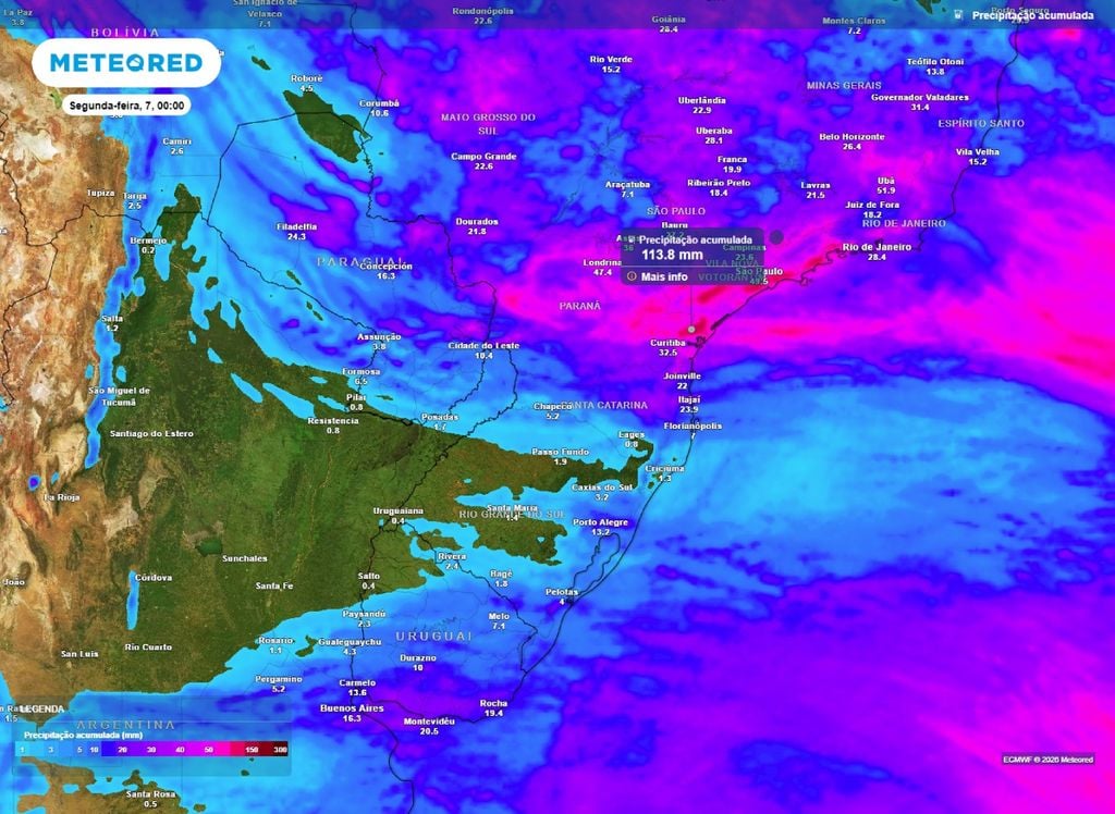 Precipitação acumulada Mapa de precipitação acumulada para o Sul do Brasil até o final da noite de domingo (6).