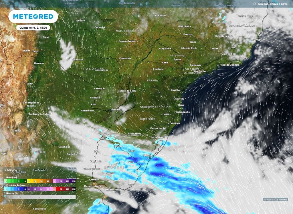 Chuva e nuvens. Precipitação e nebulosidade prevista para a tarde de quinta-feira (3).