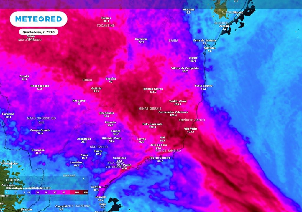 Previsão de acumulados totais de chuva até o final da quarta-feira.