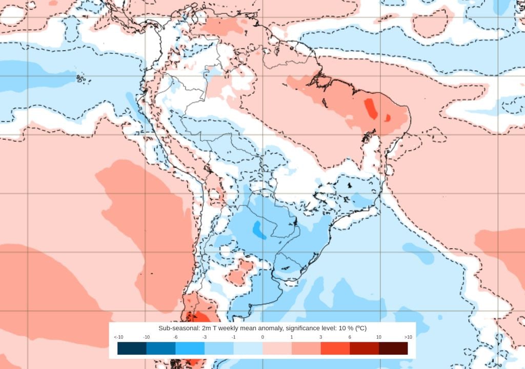 Previsão de anomalias de temperatura entre os dias 5 e 12 de Janeiro (modelo ECMWF).