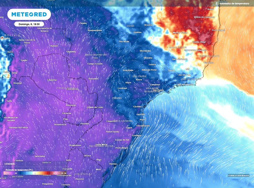 Abrangência da massa de ar frio em superfície que vai derrubar as temperaturas em parte do Sudeste neste fim de semana.