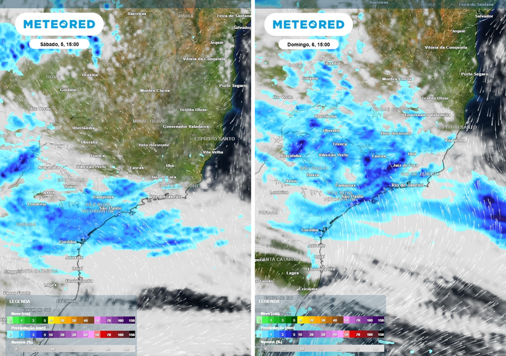 Previsão de precipitação (mm) e nebulosidade para sábado (5) às 15h à esquerda e domingo (6) às 15h à direita, segundo o modelo europeu ECMWF.