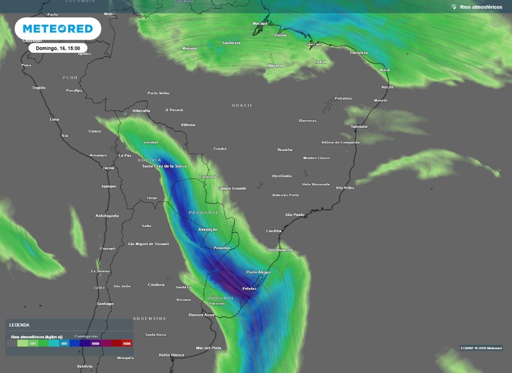 Rios atmosféricos. Mapa mostra ganho de intensidade de um canal de umidade que aumenta riscos de chuvas intensas e temporais sobre o RS no domingo (16).