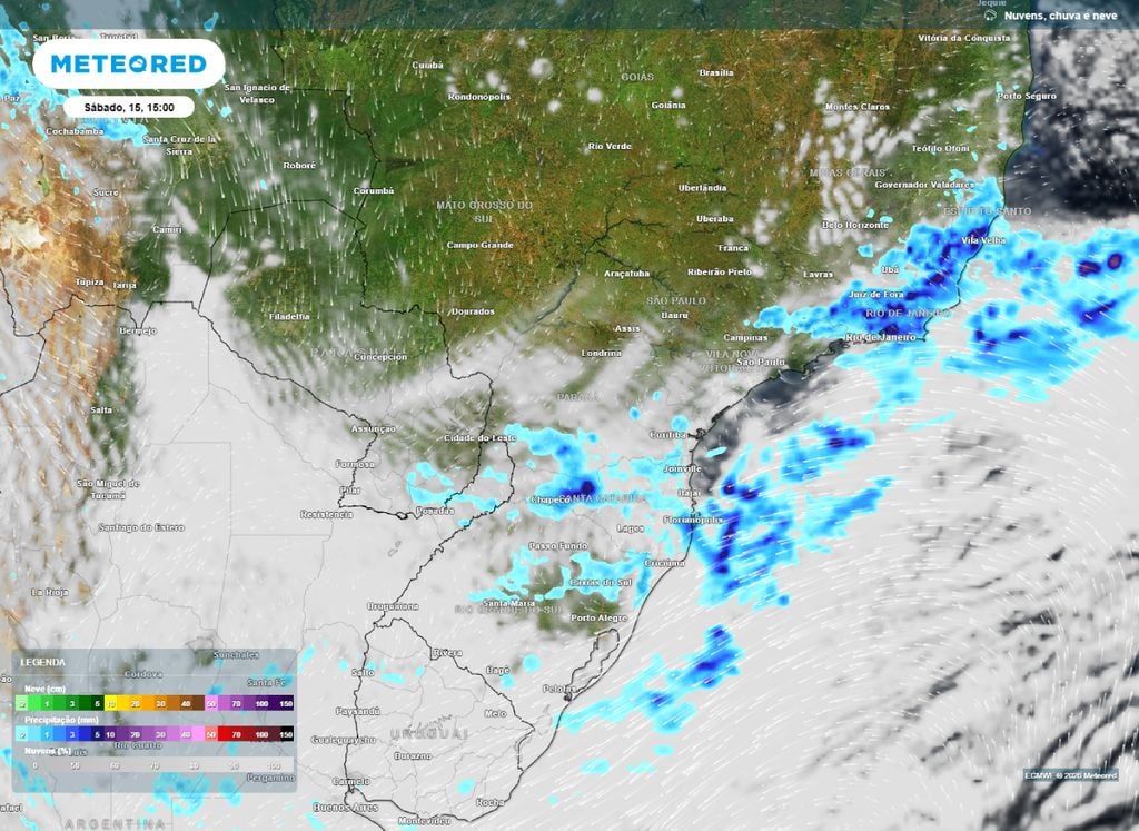 Precipitação e nebulosidade O mapa apresença áreas com possibilidade de chuvas sobre os estados do RS, SC e PR, enquanto que o RJ e ES enfretam chuvas mais fortes e temporais neste sábado (15).