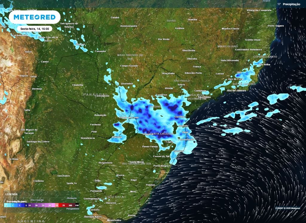 Precipitação. Mapa de precipitação para a tarde de sexta-feira (14), de acordo com o modelo ECMWF.